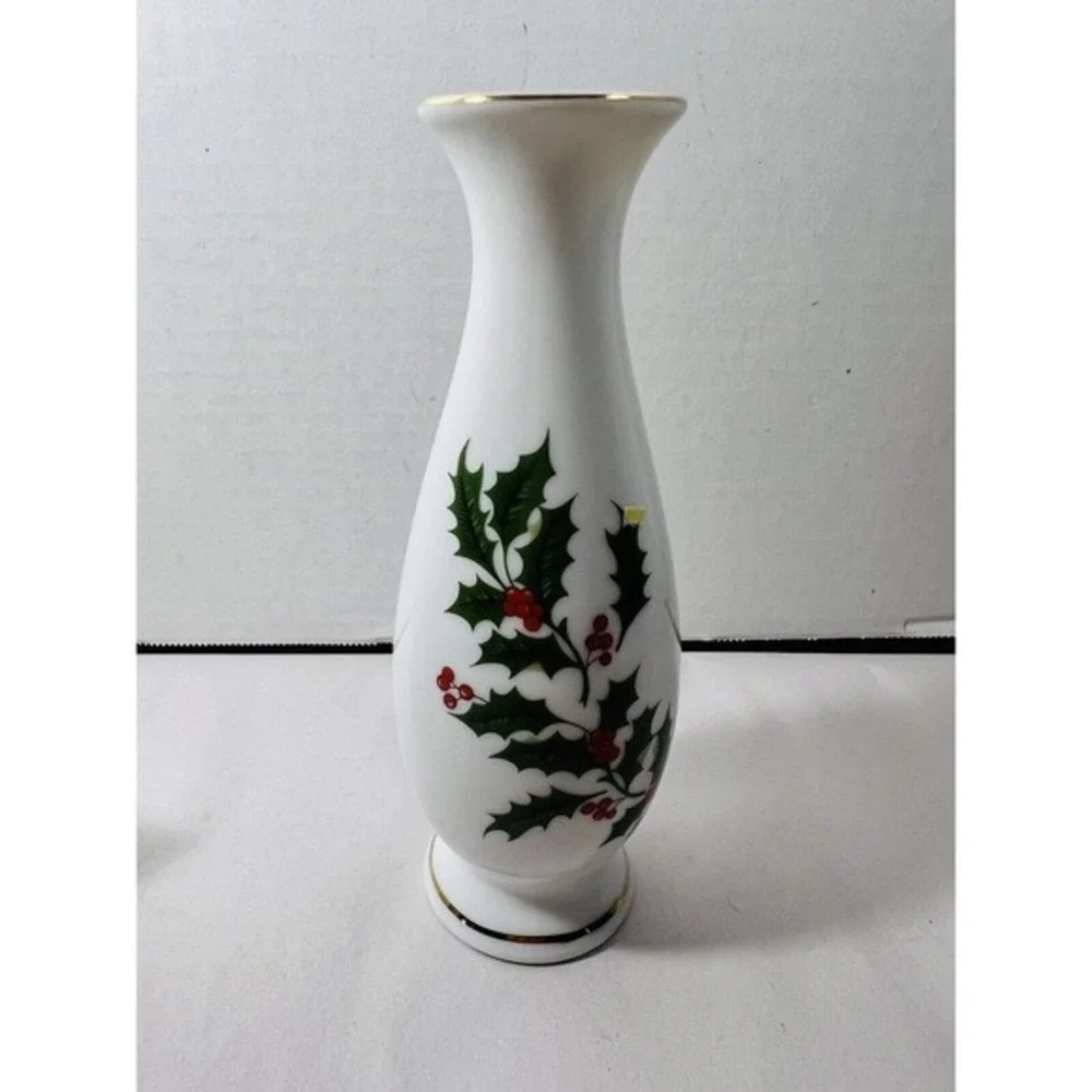 Mogi Japanese Porcelain Christmas Holly Bell And Bud Vase